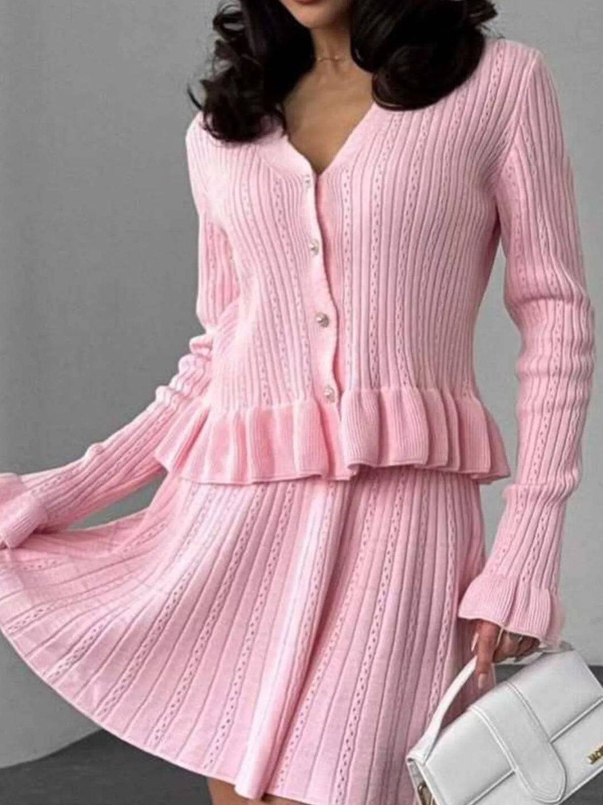 Ruffle Trim Knit Cardigan and Skirt Set -