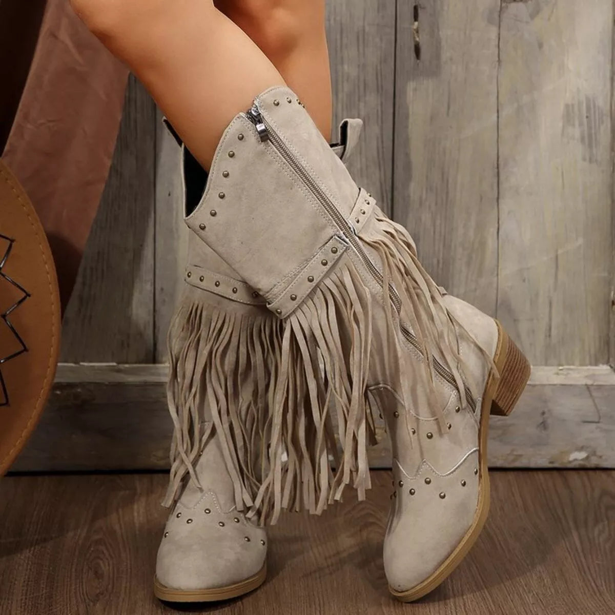 Fringe Point Toe Block Heels Boots - Beige