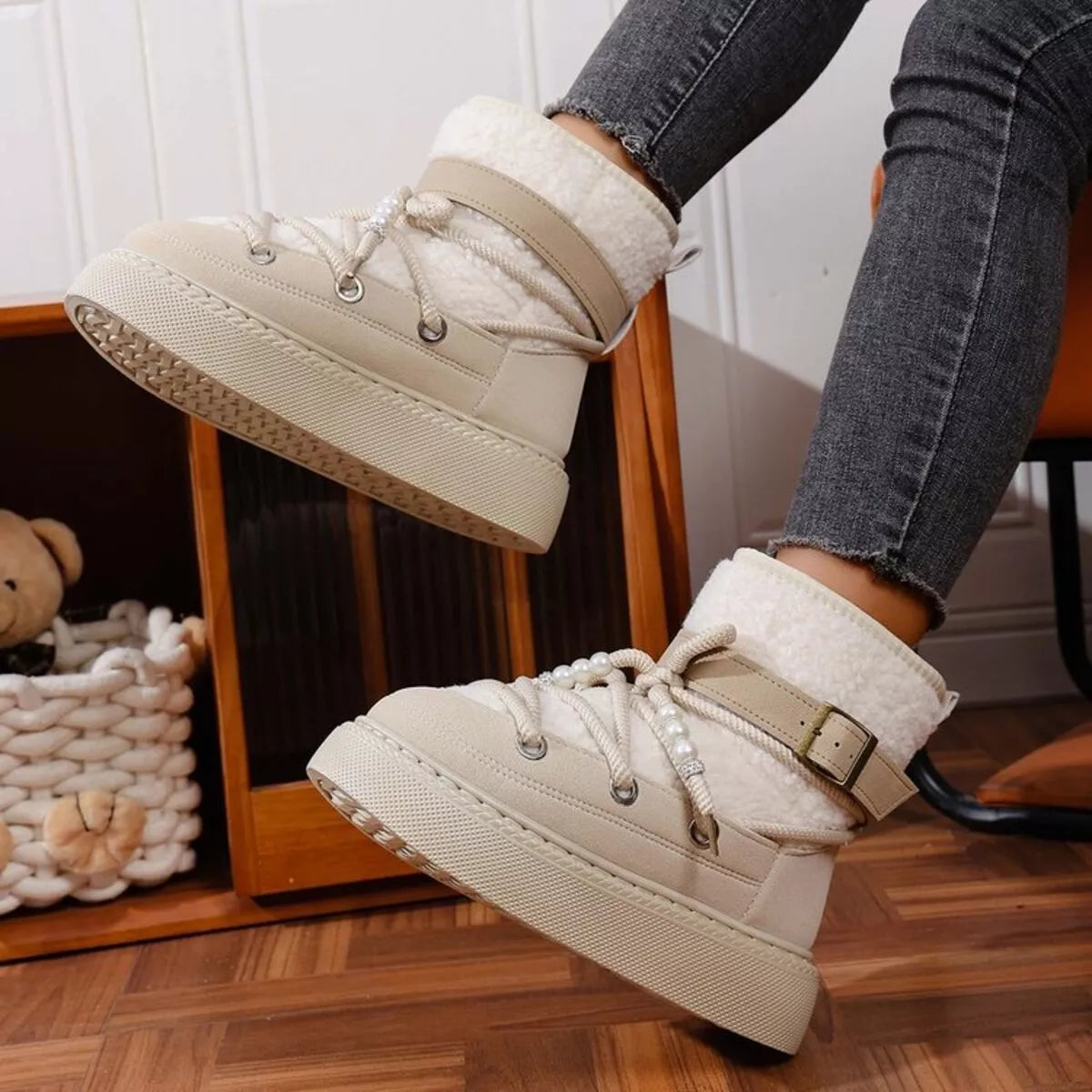 Lace Up Platform Boots - Beige