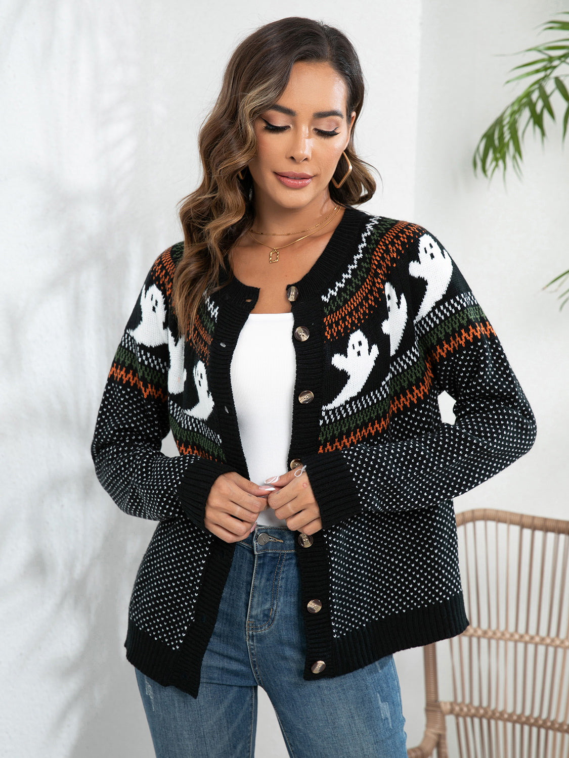 Ghost Button Up Long Sleeve Cardigan - Black