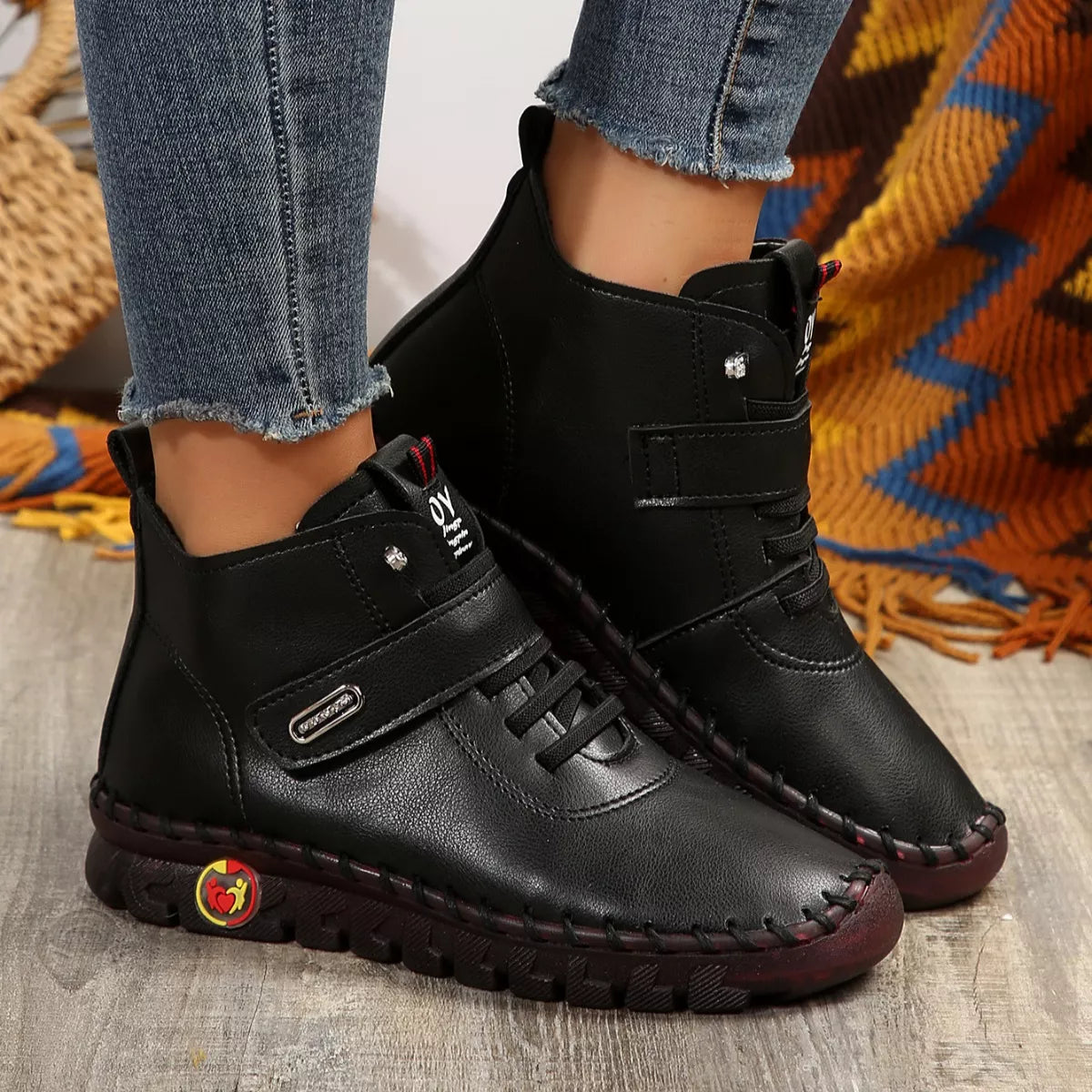 Lace Up Platform Ankle Boots - Black