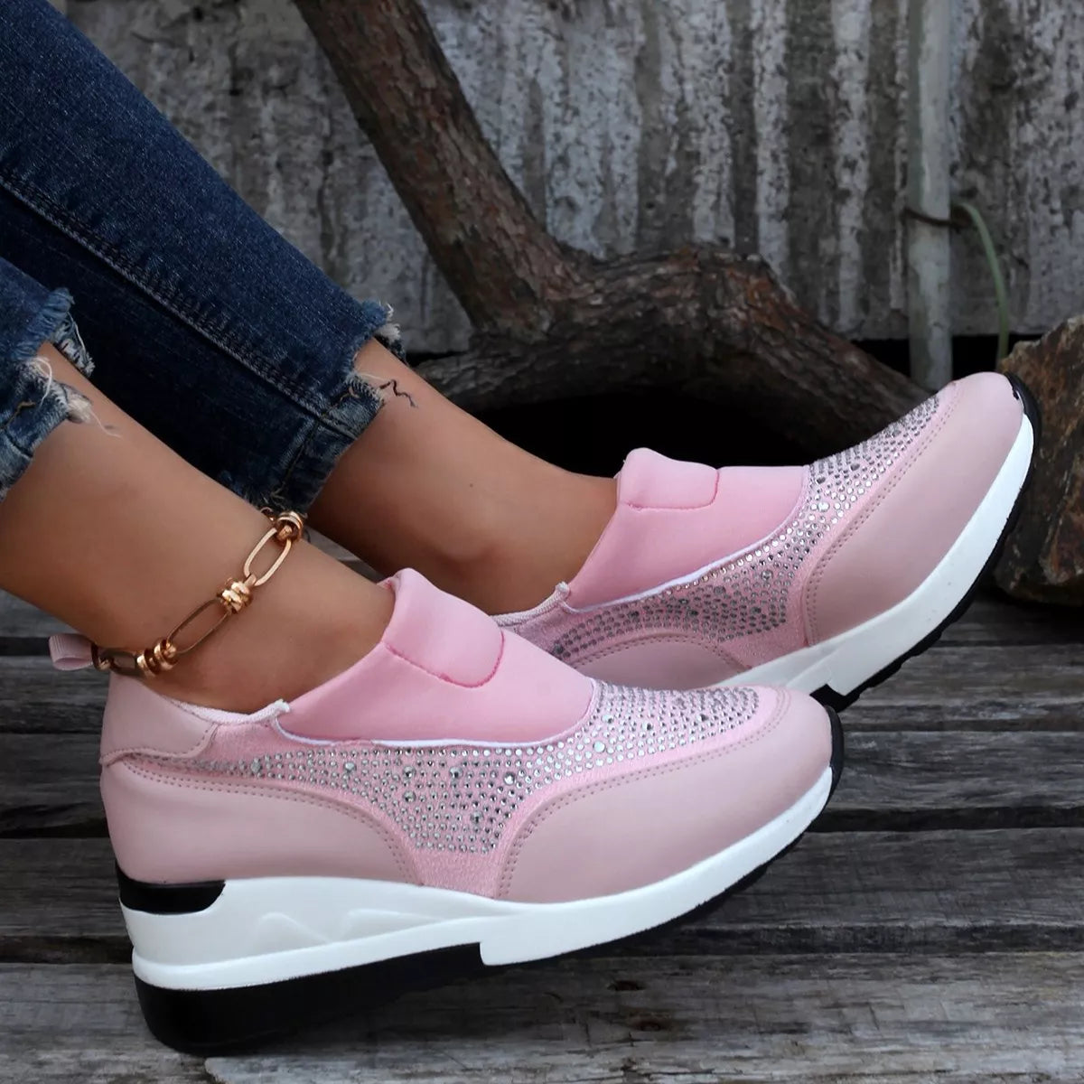 Rhinestone Embellished Wedge Sneakers -