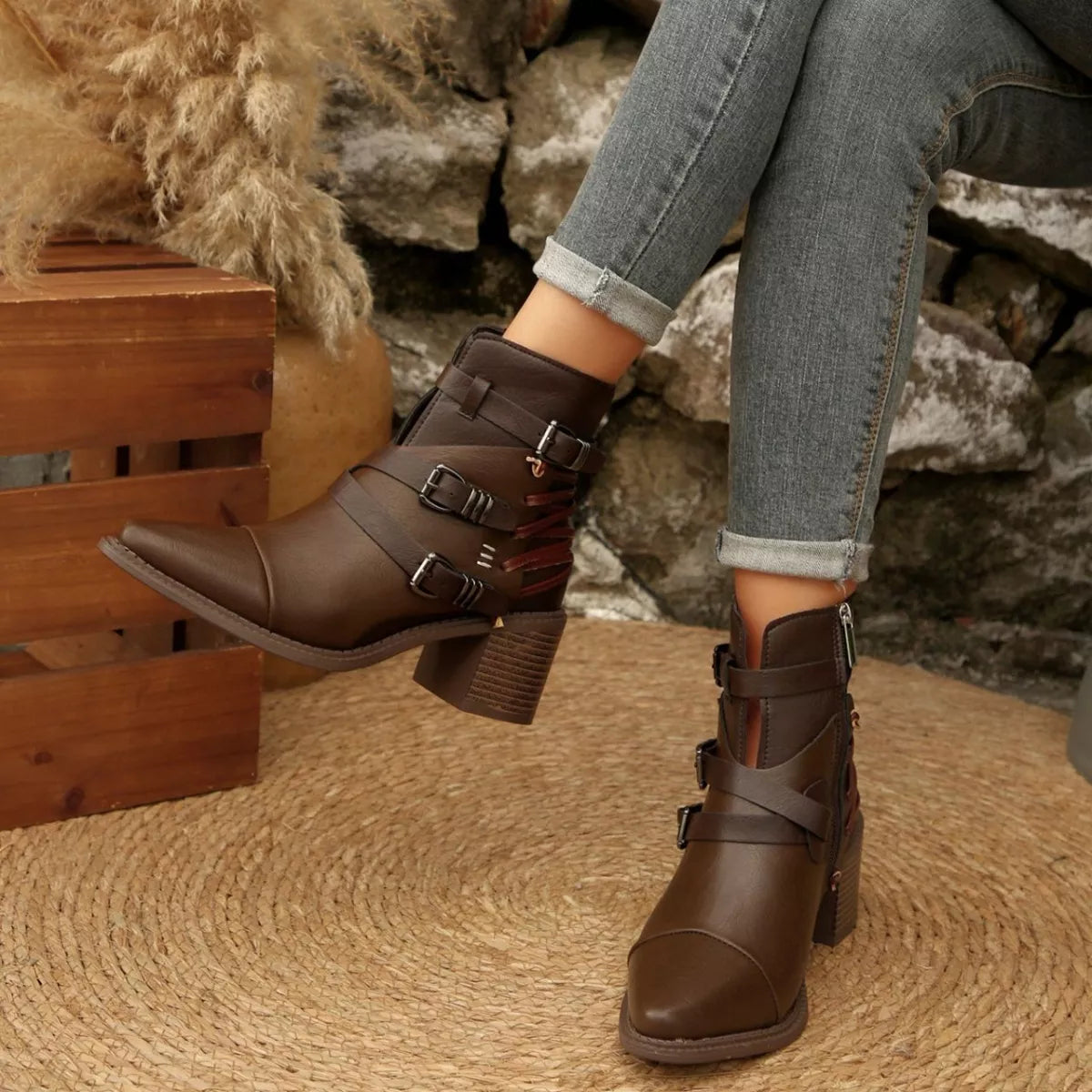 Point Toe Buckle Strap Ankle Boots -