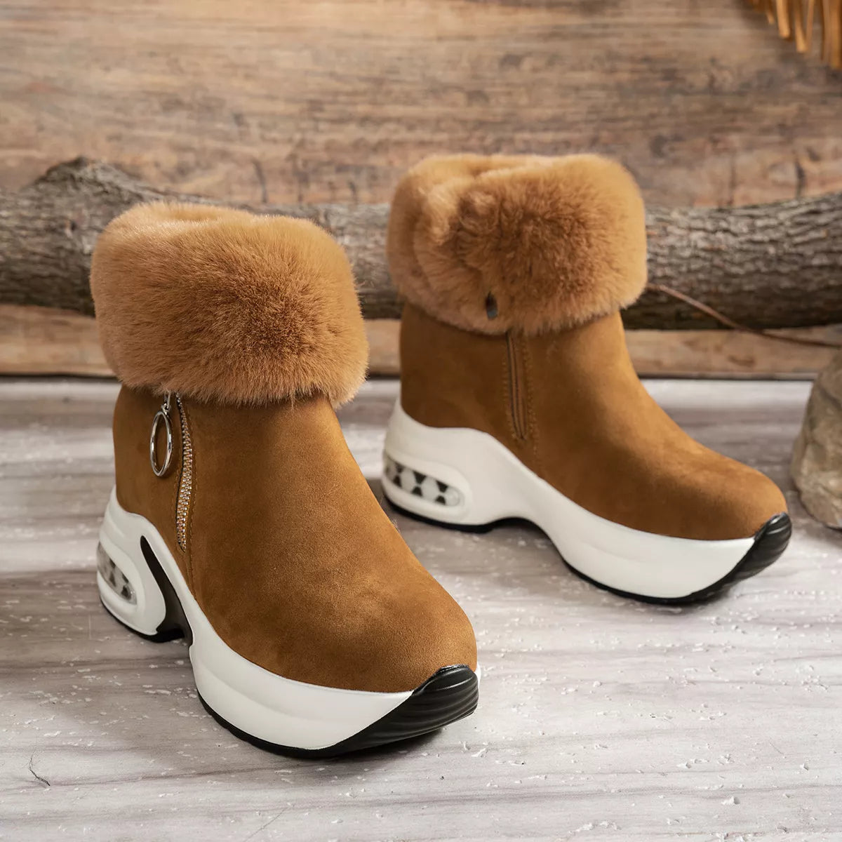 Fuzzy Side Zipper Platform Ankle Boots -