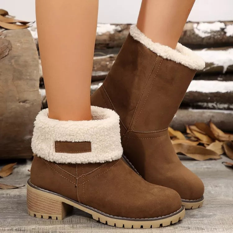 Round Toe Block Heels Boots - Khaki