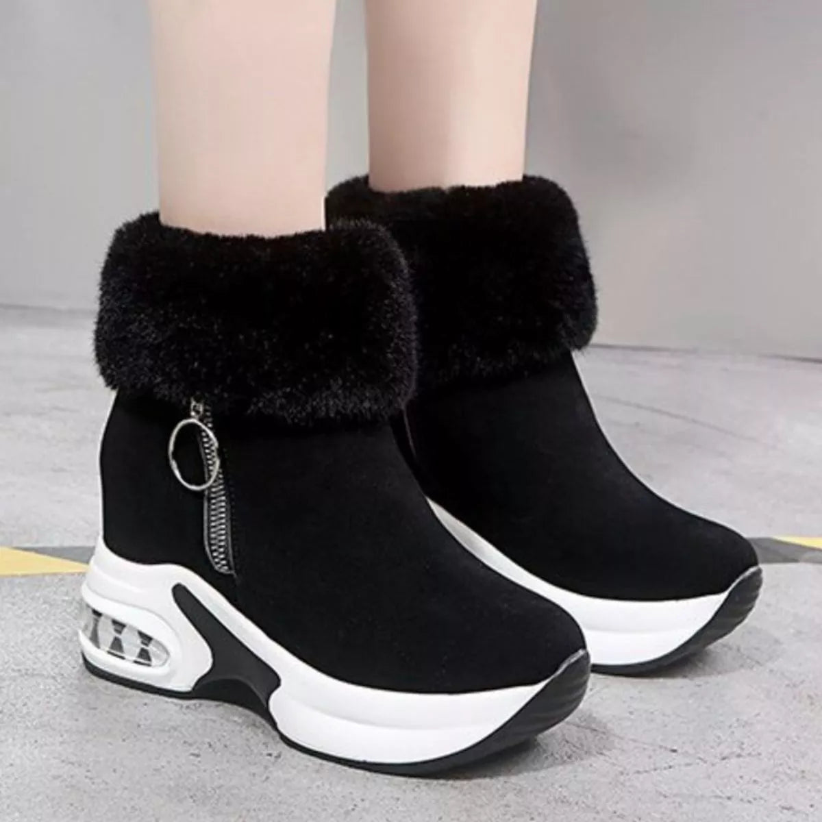 Fuzzy Side Zipper Platform Ankle Boots -
