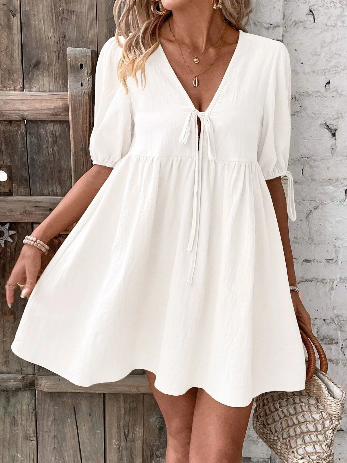 V-Neck Puff Sleeves Mini Dress -