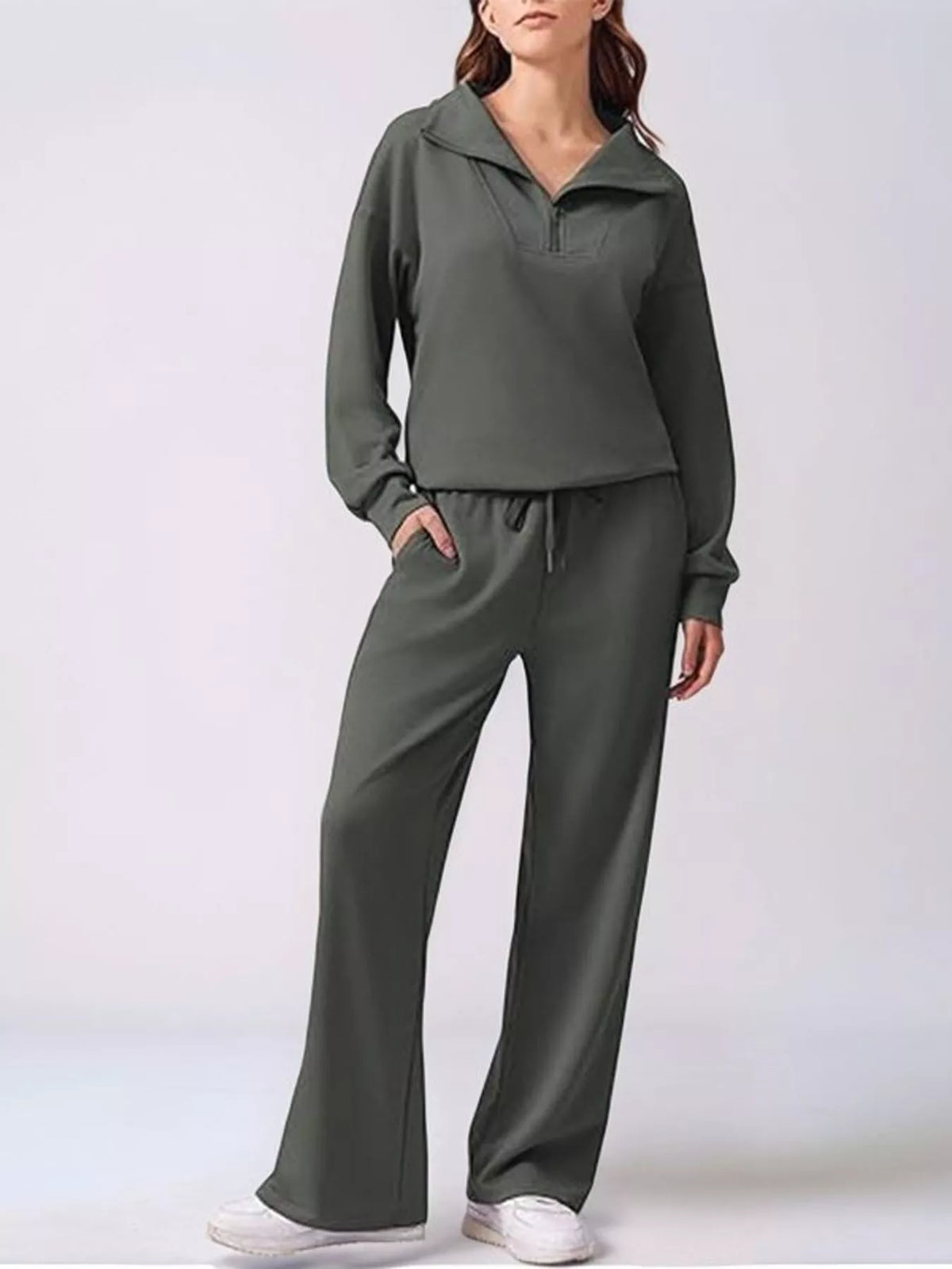 Relaxed Fit Quarter-Zip Top and Pants Set - Dark Gray