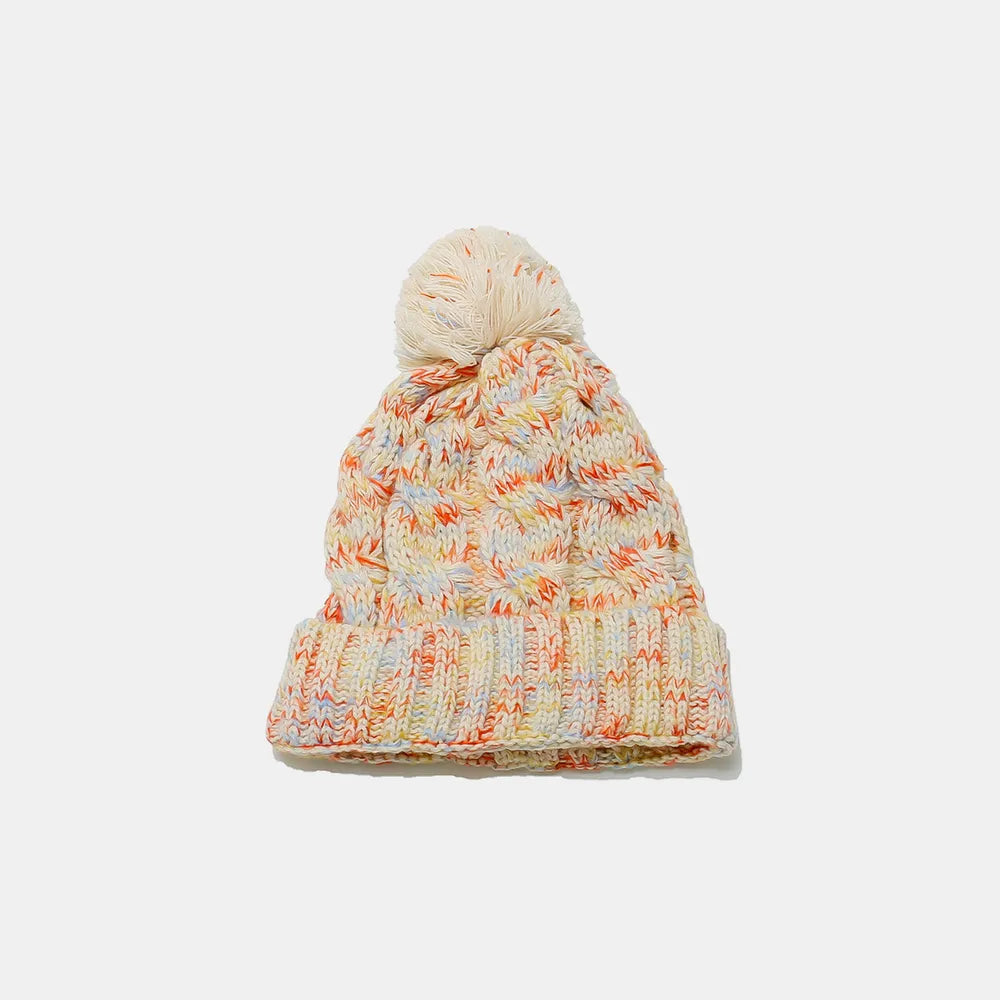 Contrast Cable-Knit Hat with Pompom - Cream One Size