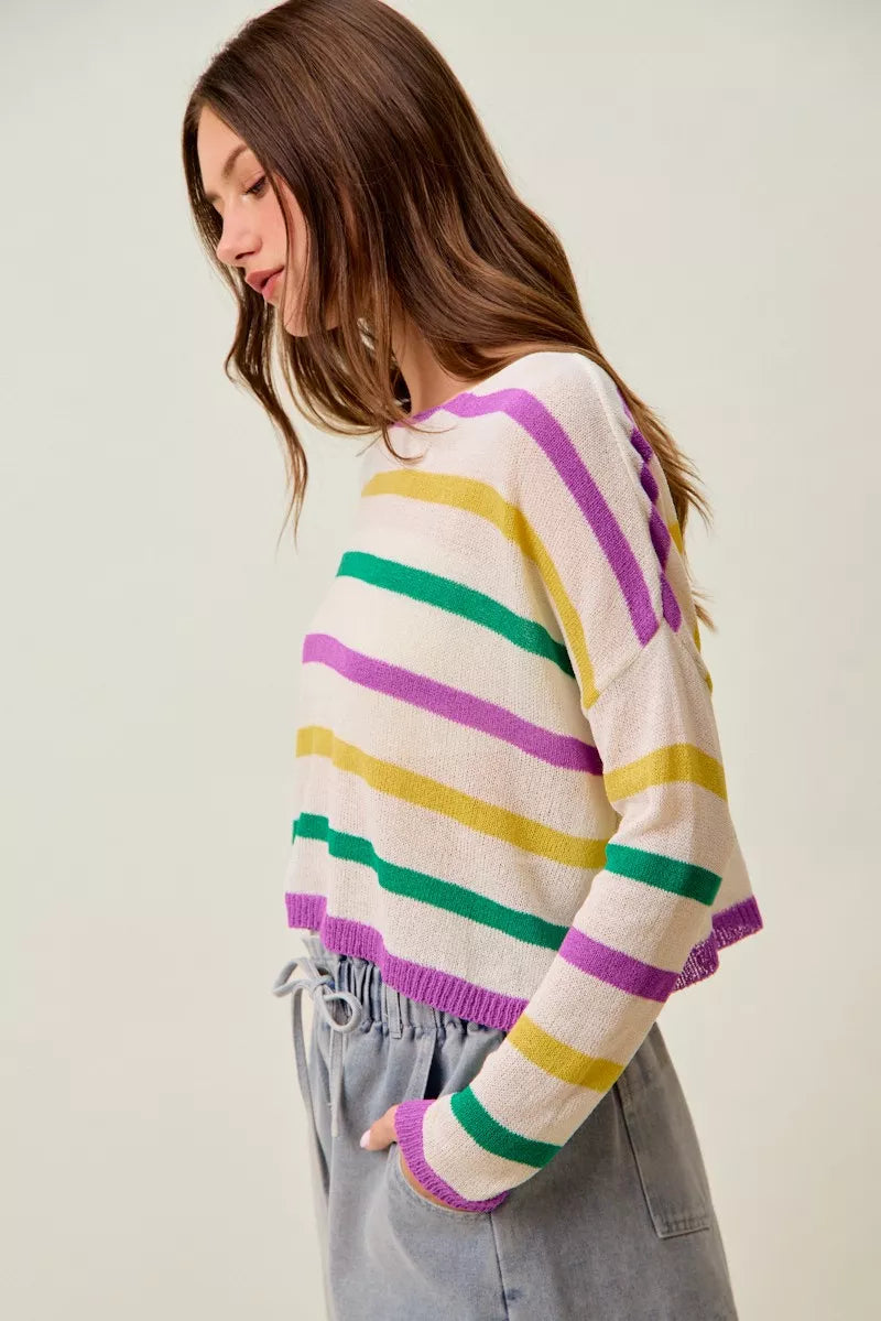 Mardi Gras Color Stripe Lightweight Sweater Top -