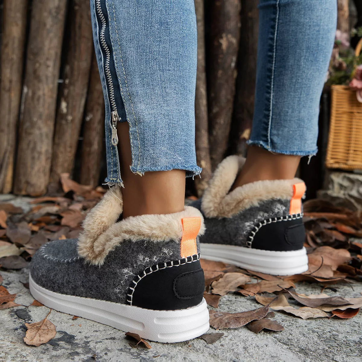 Cozy Fur-Trimmed Slip-Ons - Dark Gray