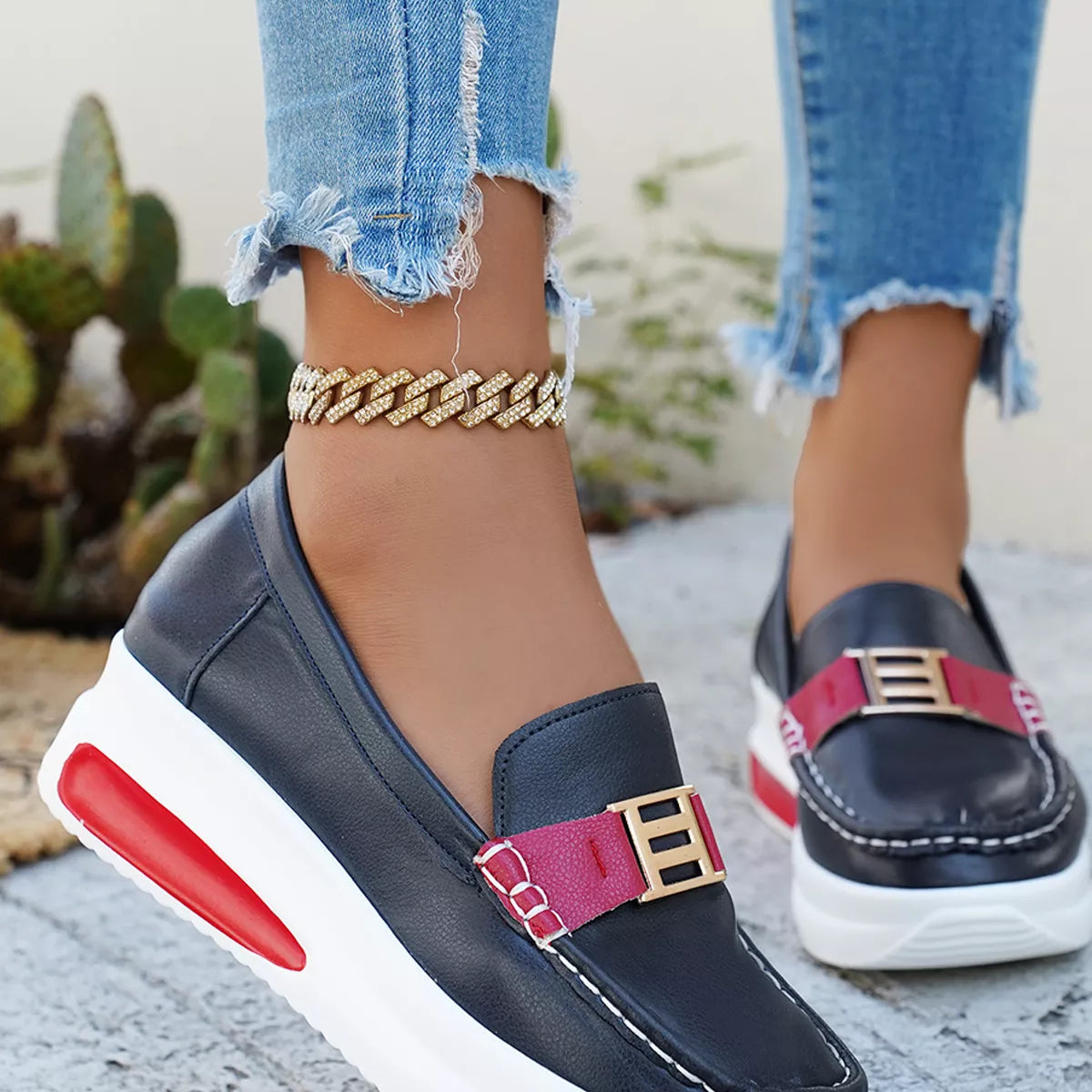Metal Buckle Round Toe Slip-Ons -