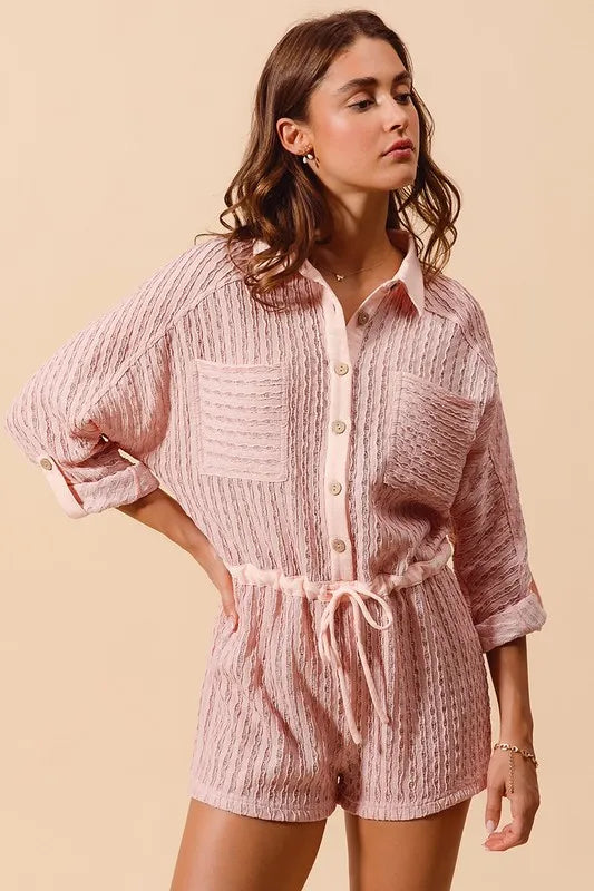 Textured Knit Button Front Romper - Dusty Pink