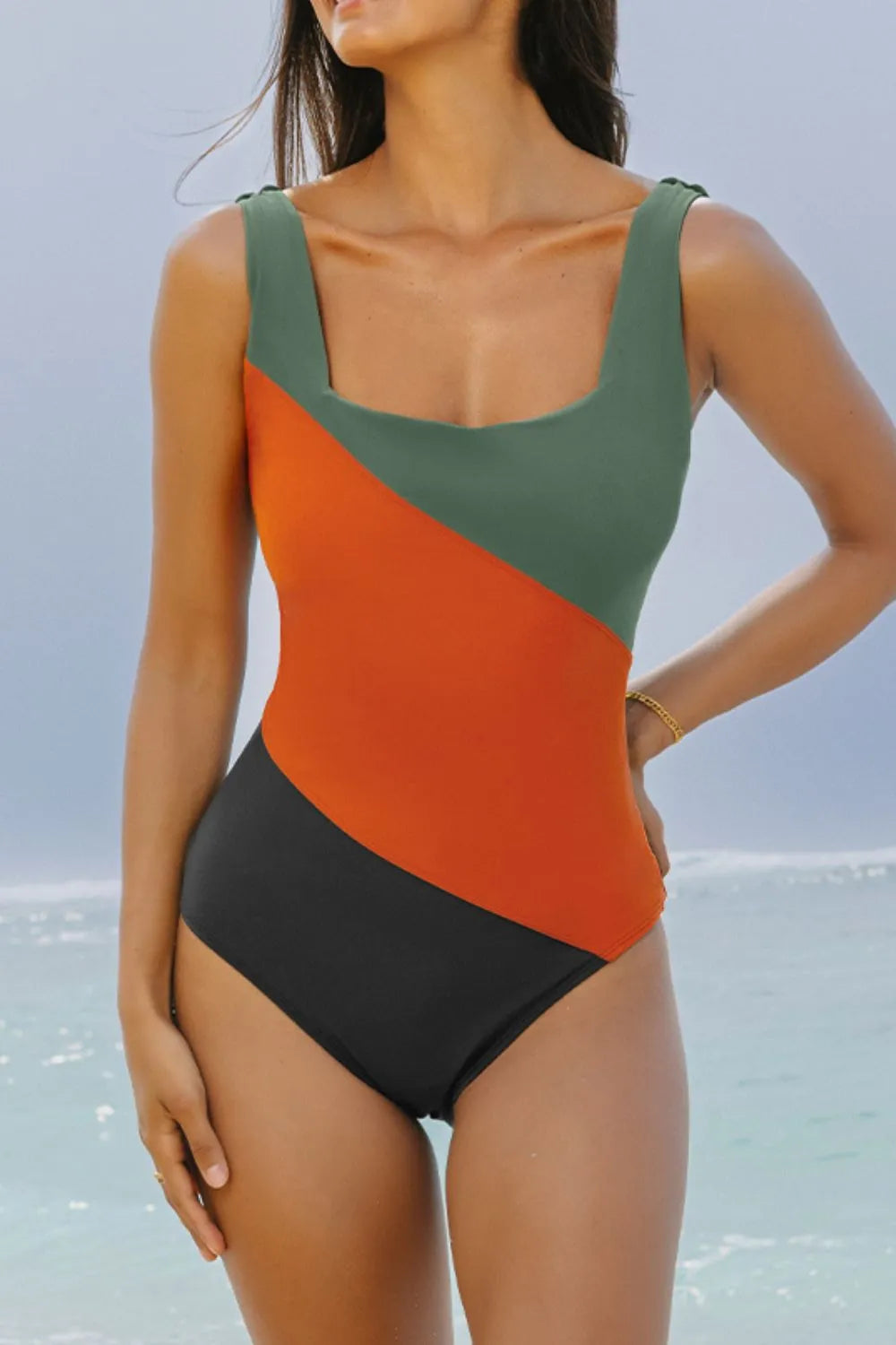 Color Block Padded Square Neck One Piece Swimsuit - Multicolor