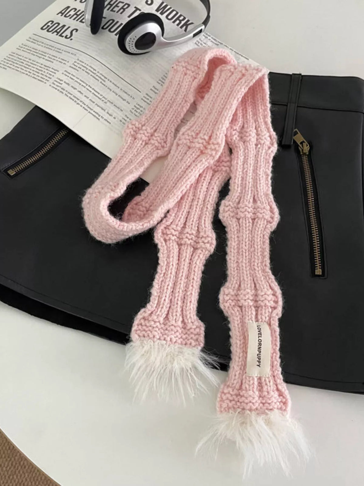 Knitted Plush Trim Scarf -