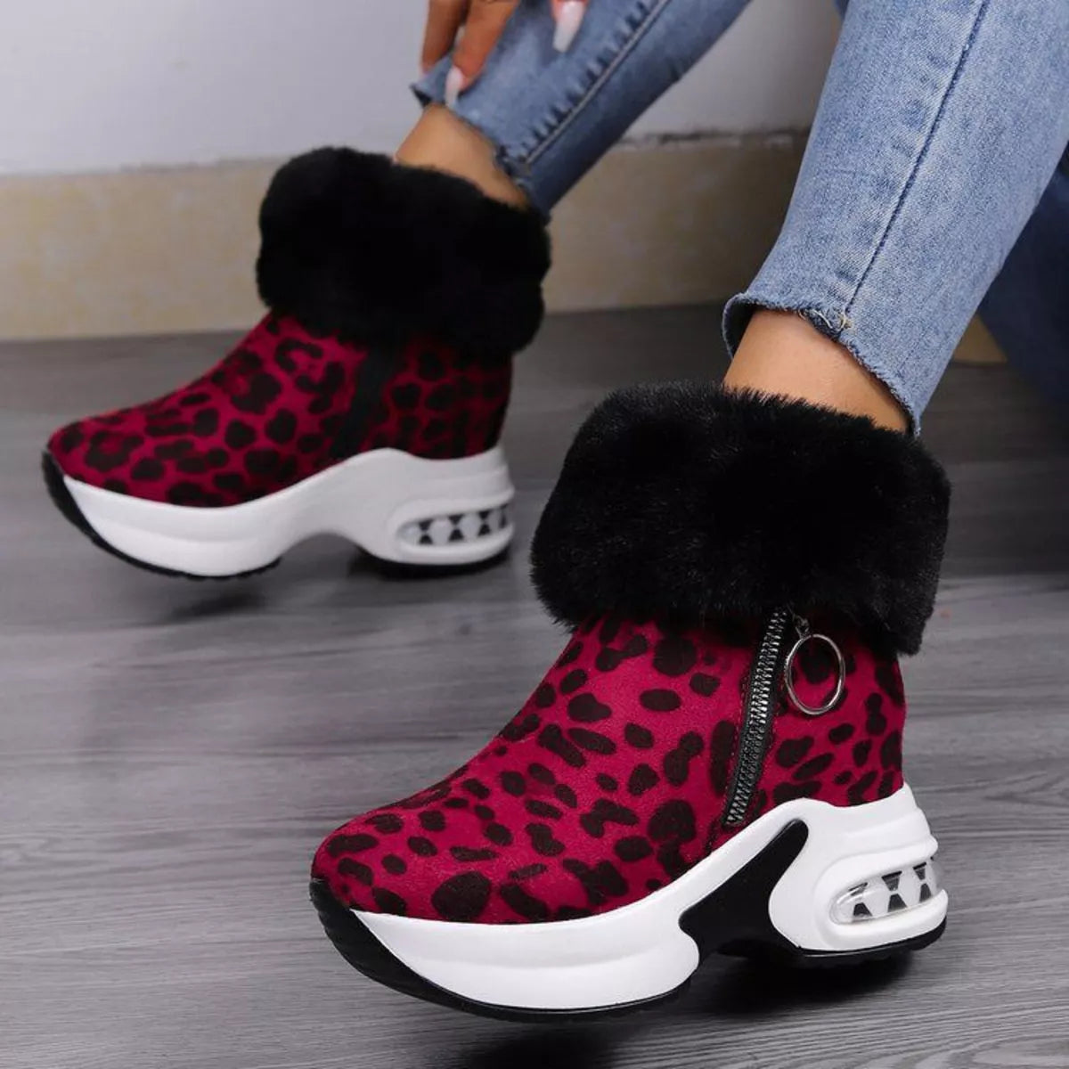 Fuzzy Side Zipper Platform Ankle Boots -