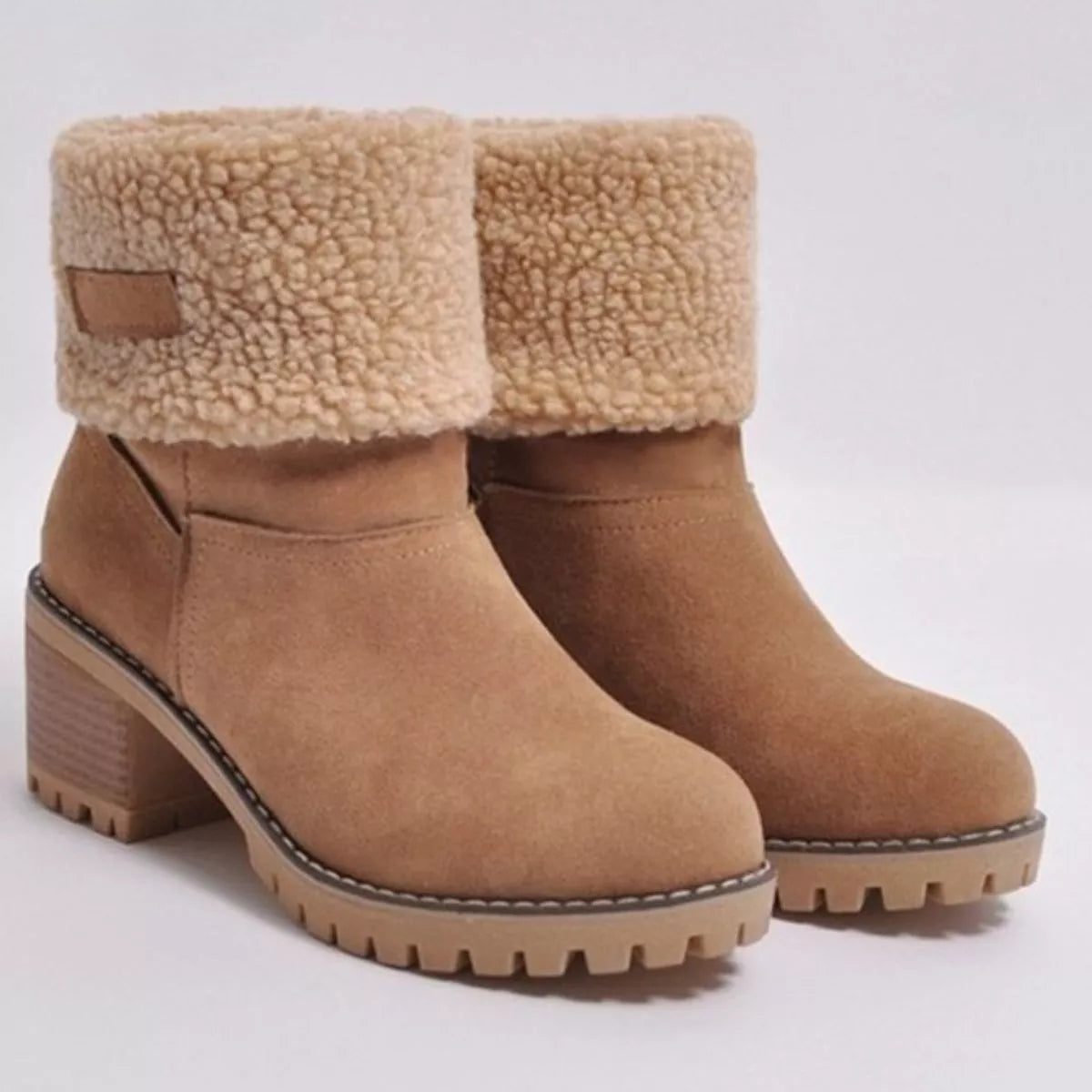 Round Toe Block Heels Boots - Khaki