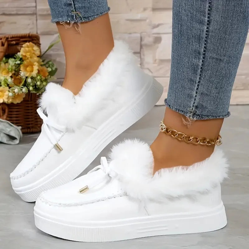 Bow Furry Round Toe Flat Slip-Ons -