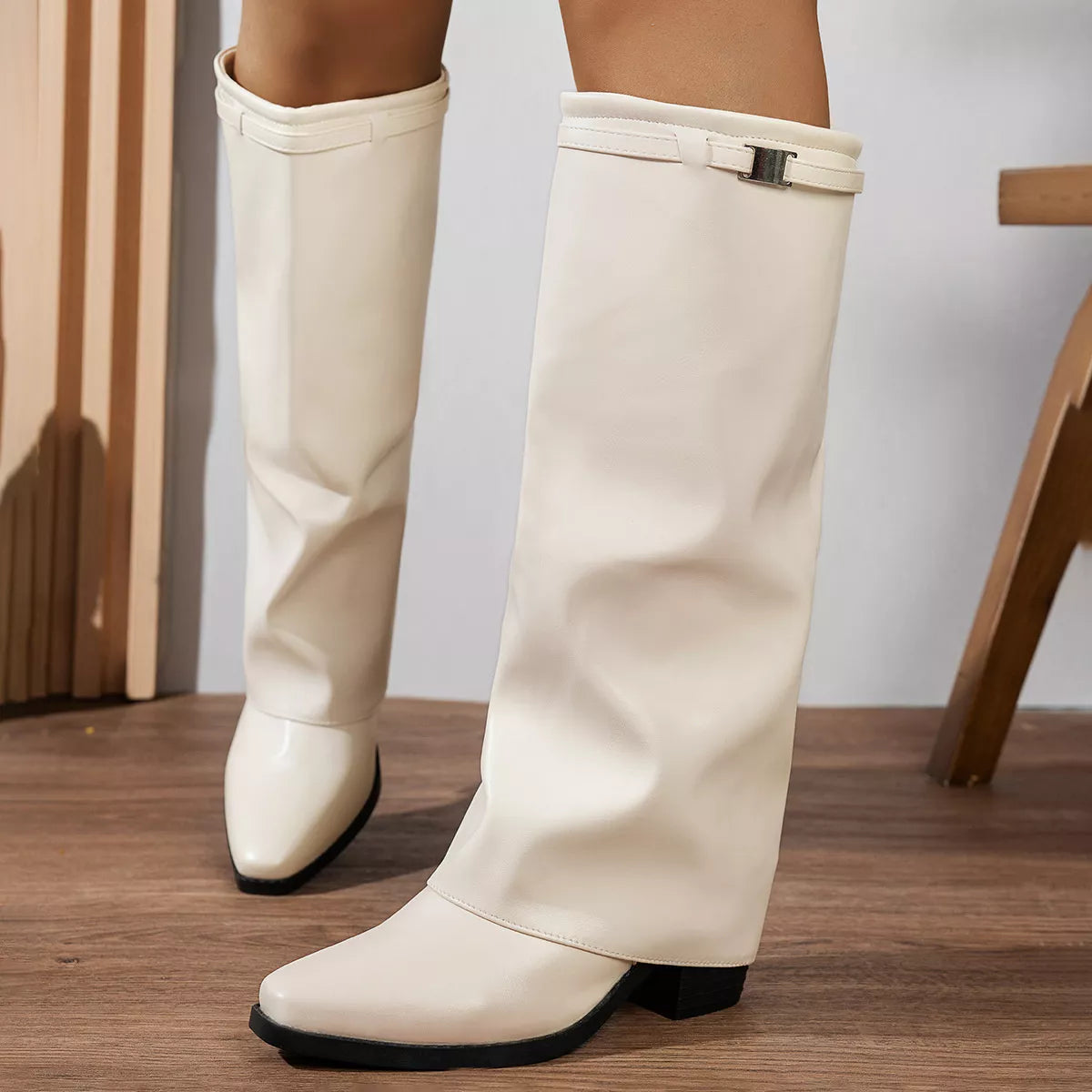 Knee-High Block Heel Boots - Beige