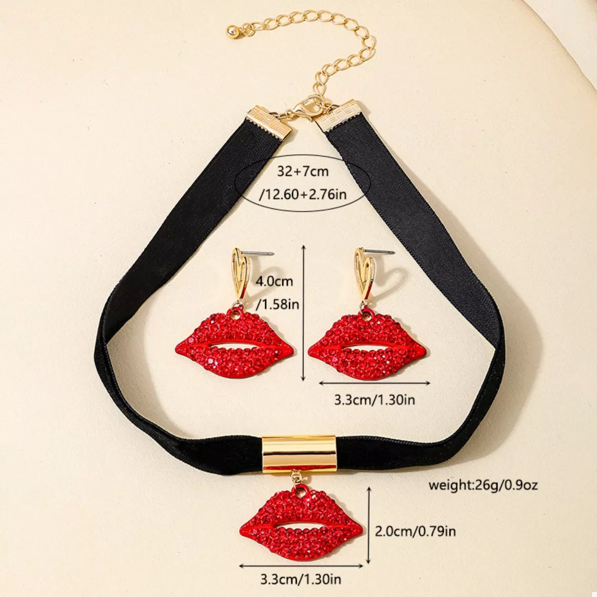 Rhinestone Lip Earrings and Necklace Jewelry Set -