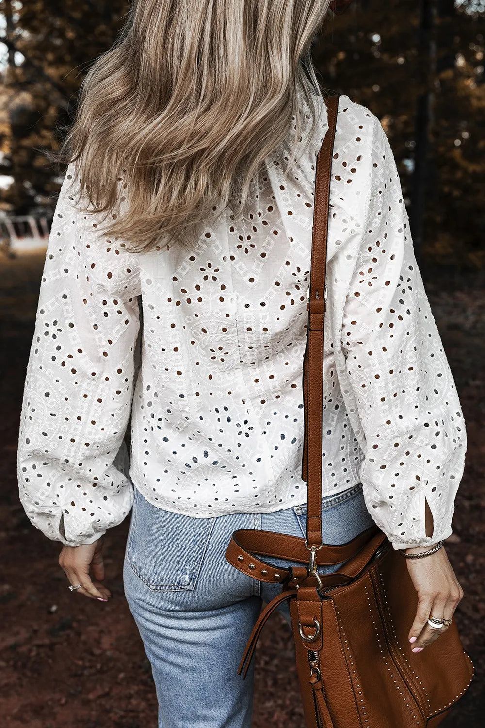 Eyelet V-Neck Long Sleeve Blouse -