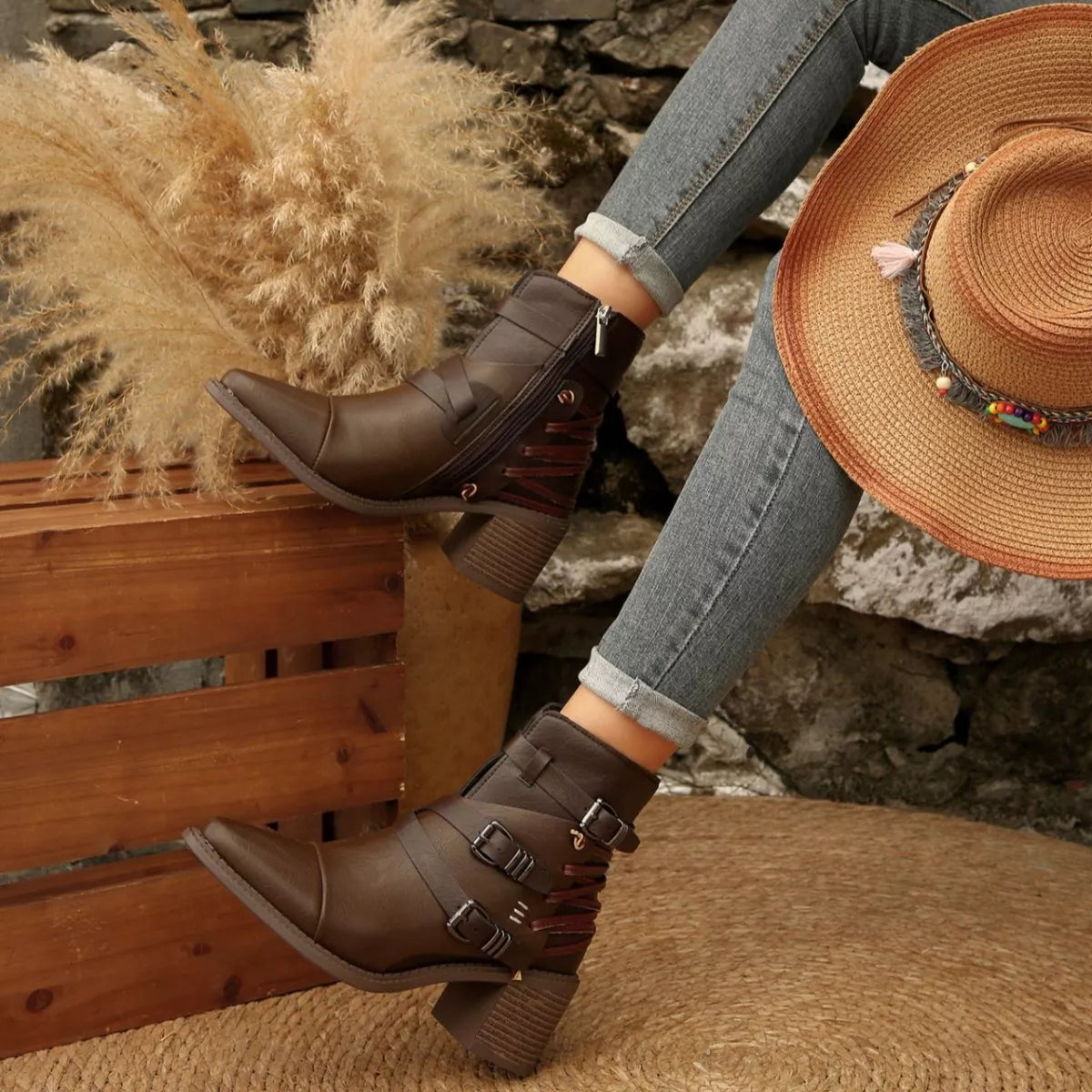 Point Toe Buckle Strap Ankle Boots -