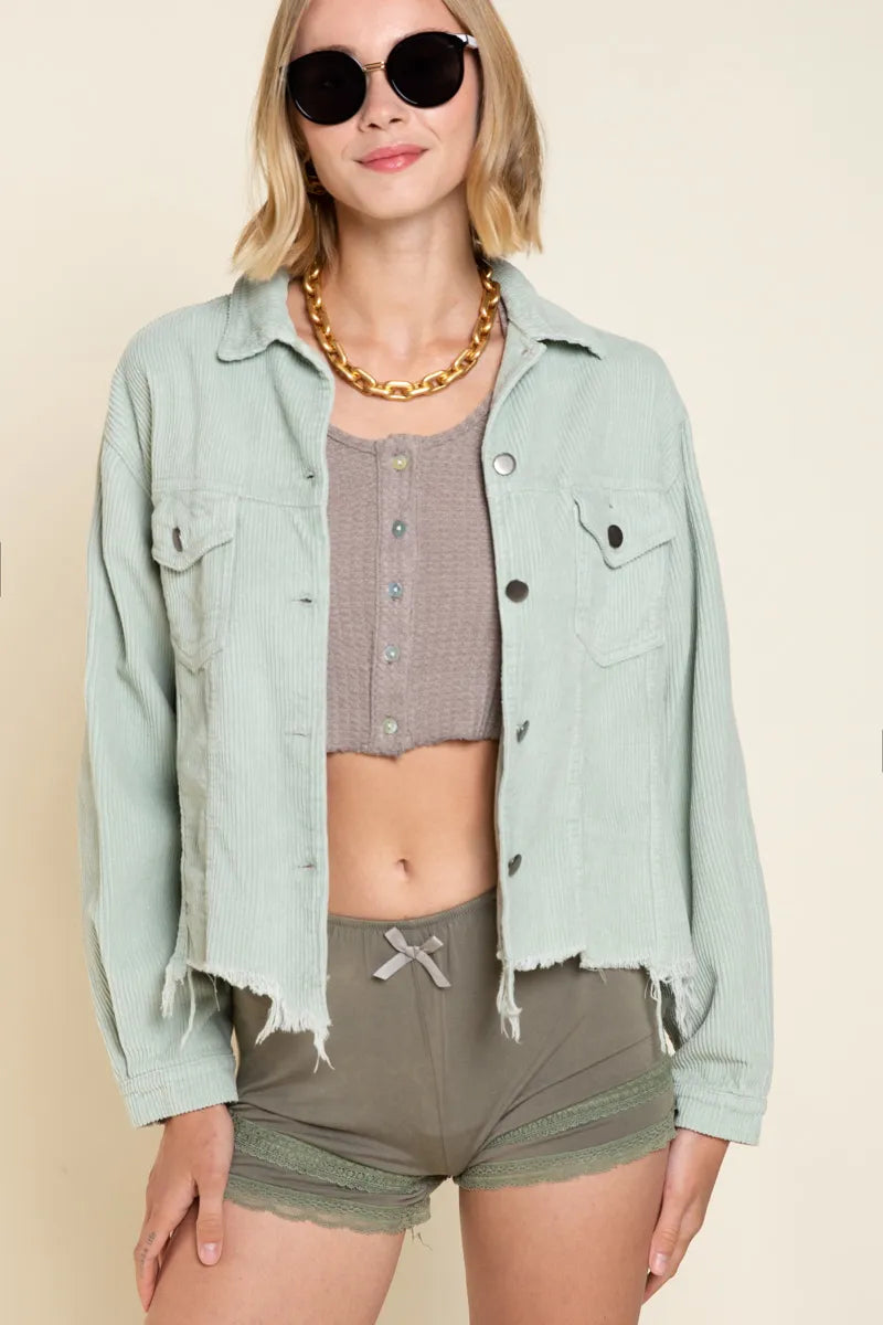 Button Down Corduroy Trucker Jacket - Sage