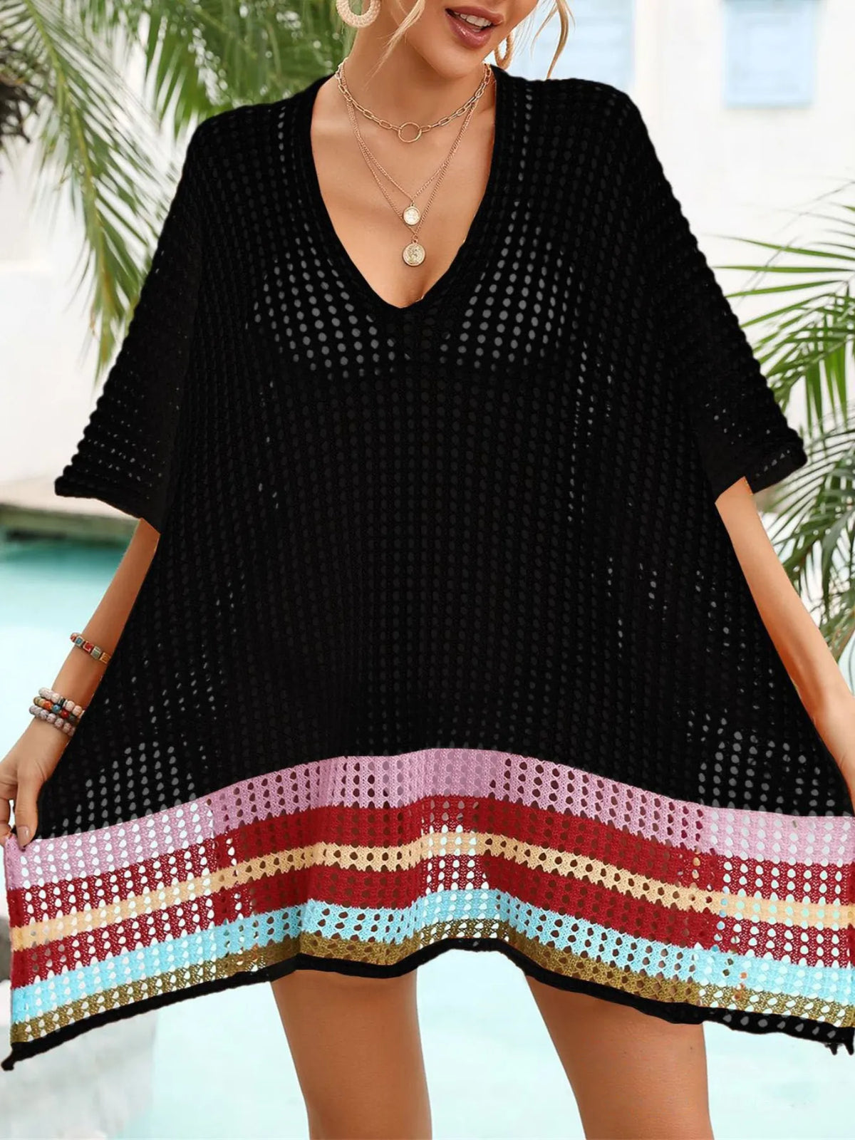 Crochet V-Neck Cover-Up Dress - Black One Size