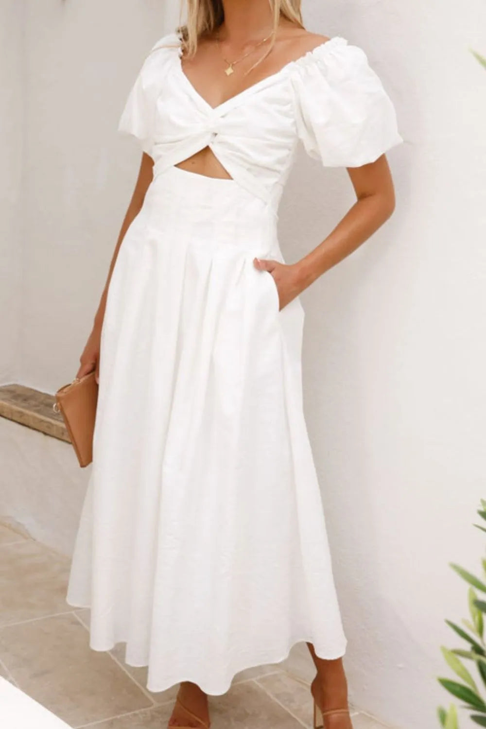 Sweetheart Neck Puff Sleeve Dress - White