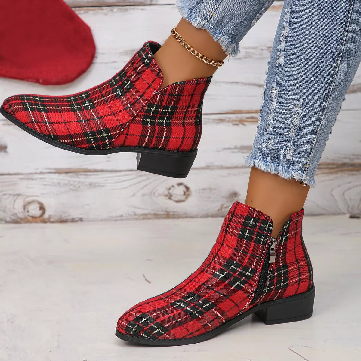 Plaid Point Toe Ankle Boots -