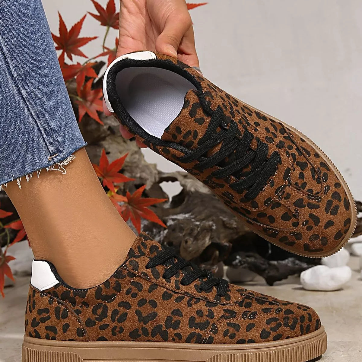 Leopard Lace Up Sneakers -