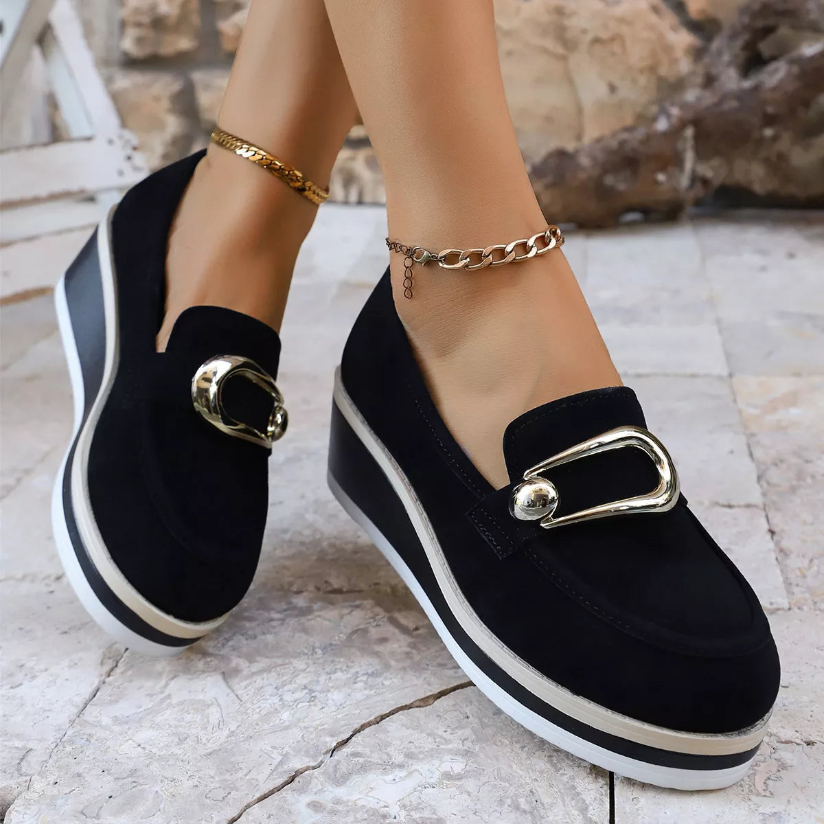 Round Toe Wedge Loafers -