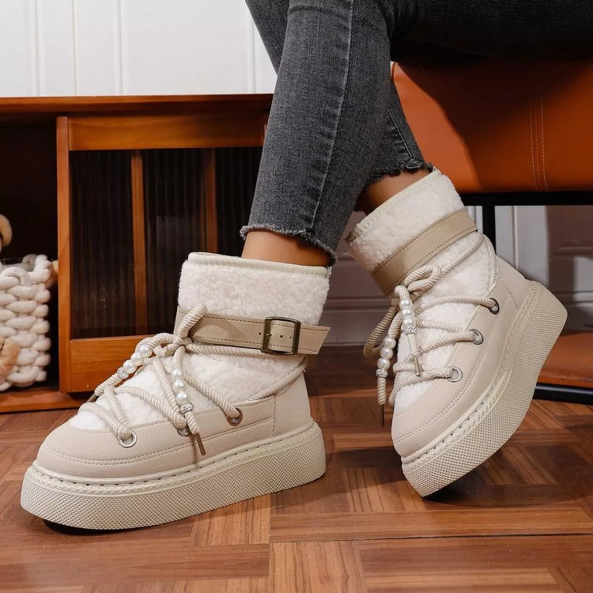 Lace Up Platform Boots - Beige