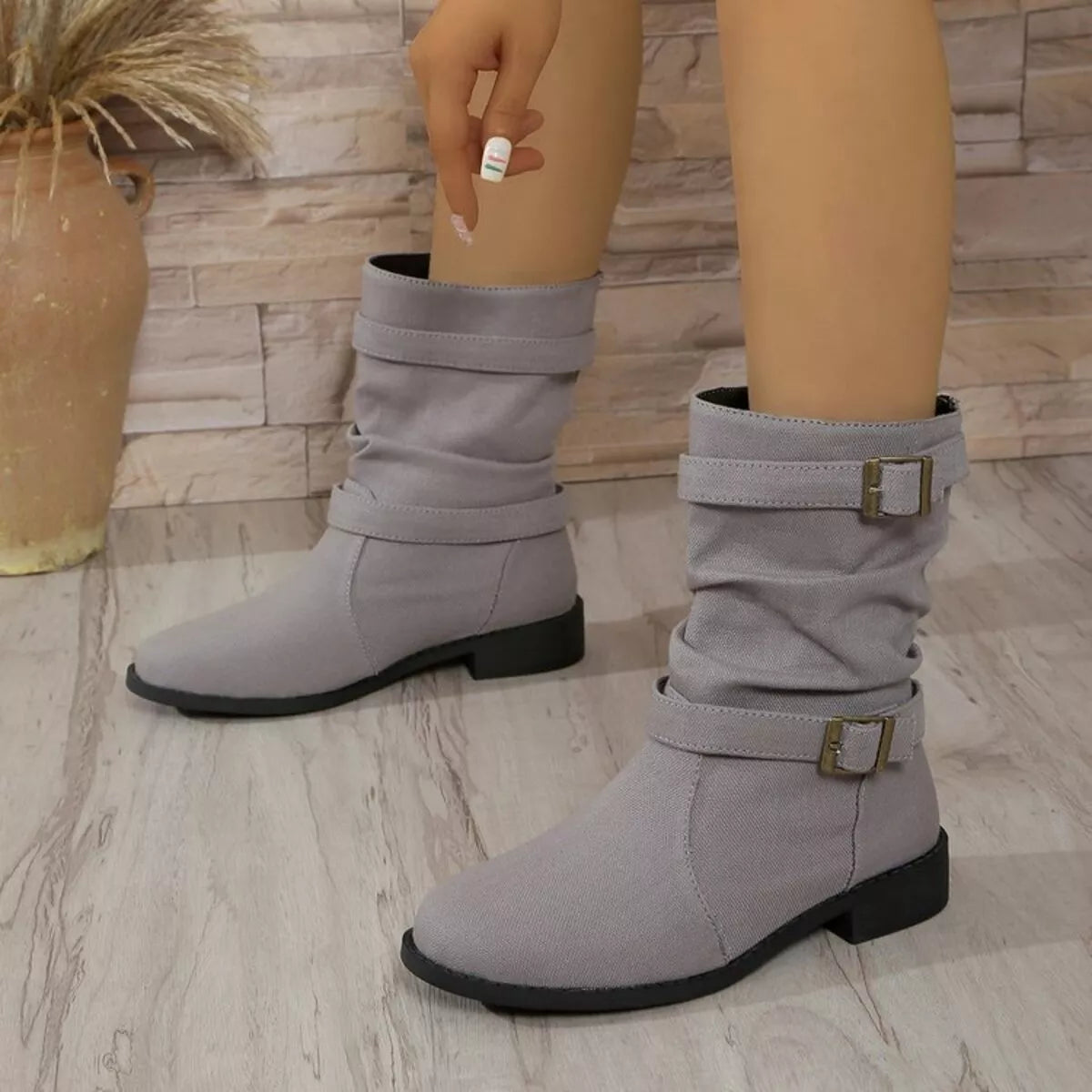 Buckle Accent Block Heel Boots -