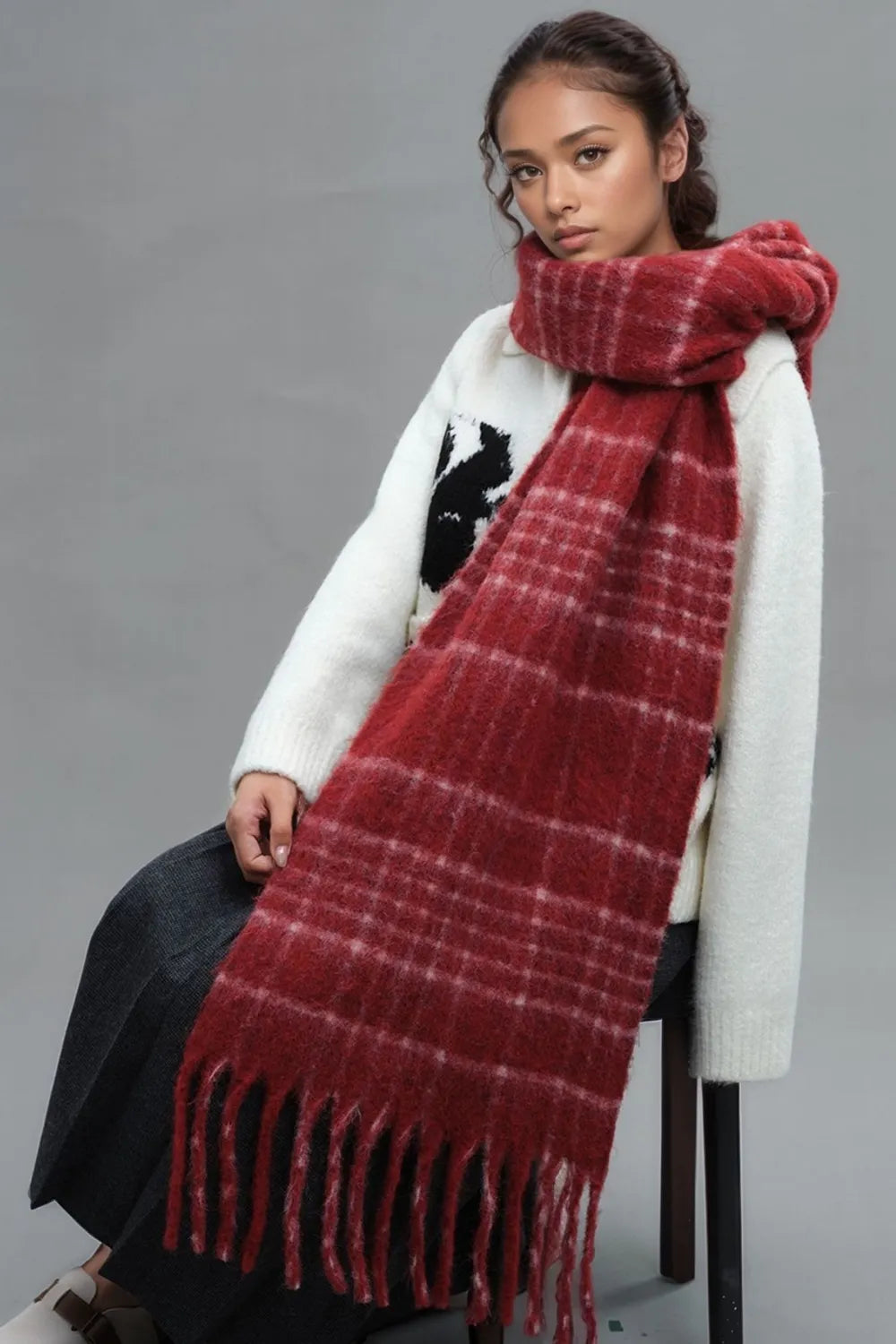 Fringe Plaid Thermal Scarf -