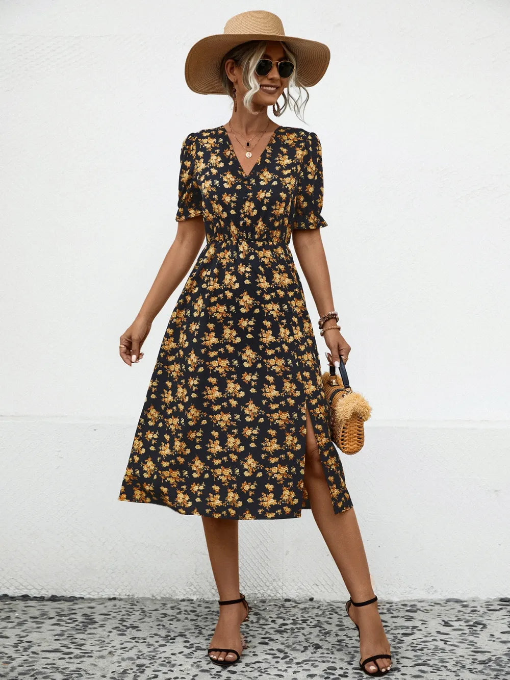 Slit Printed V-Neck Short Sleeve Dress -