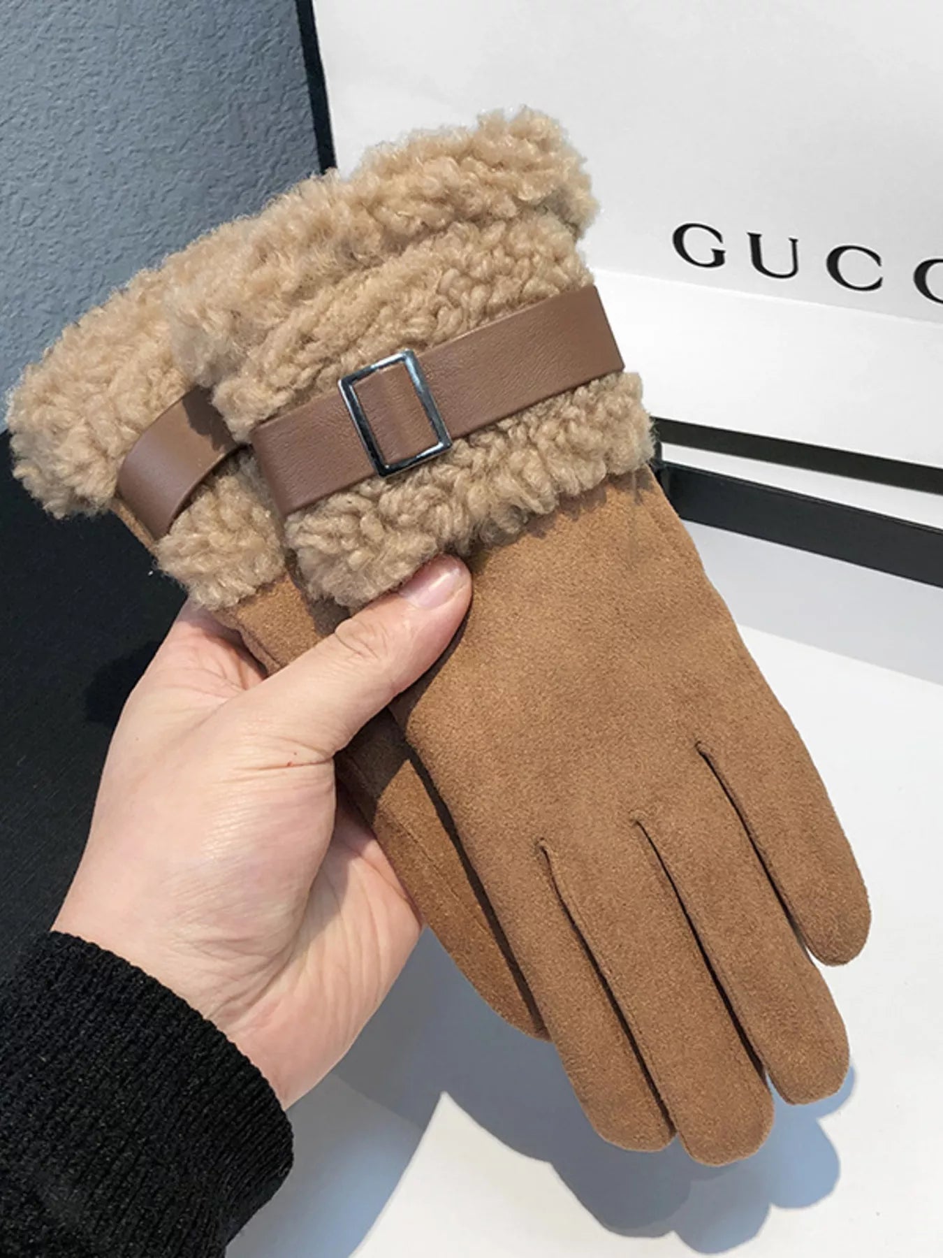 Suede Gloves with Fur Cuff - Brown One Size