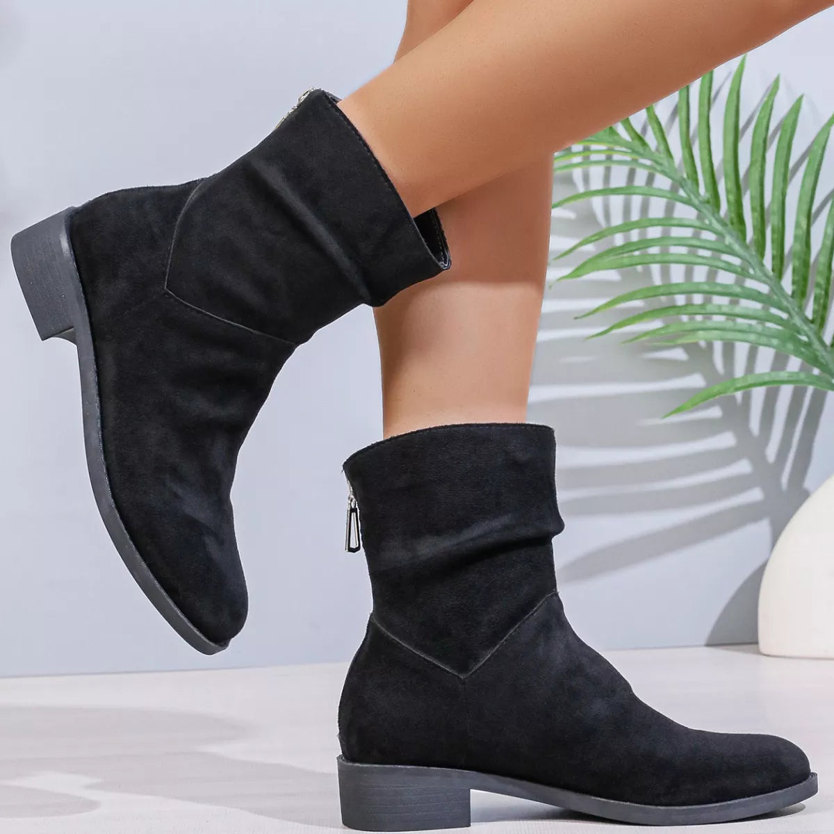 Point Toe Block Heels Boots - Black