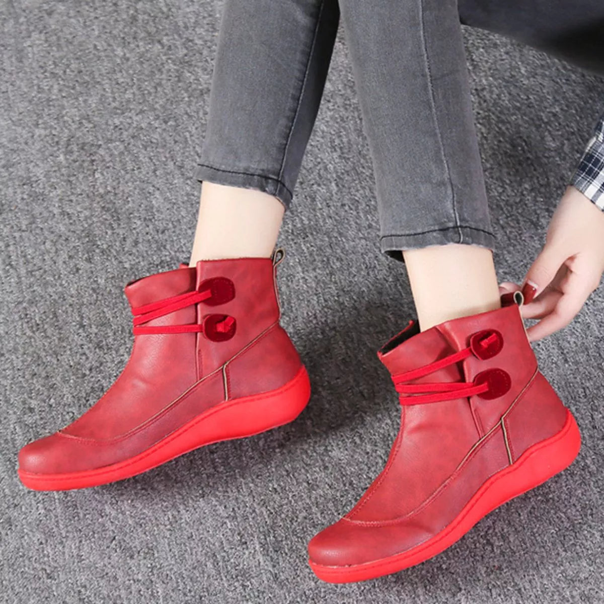 Button Detail Ankle Boots - Scarlet