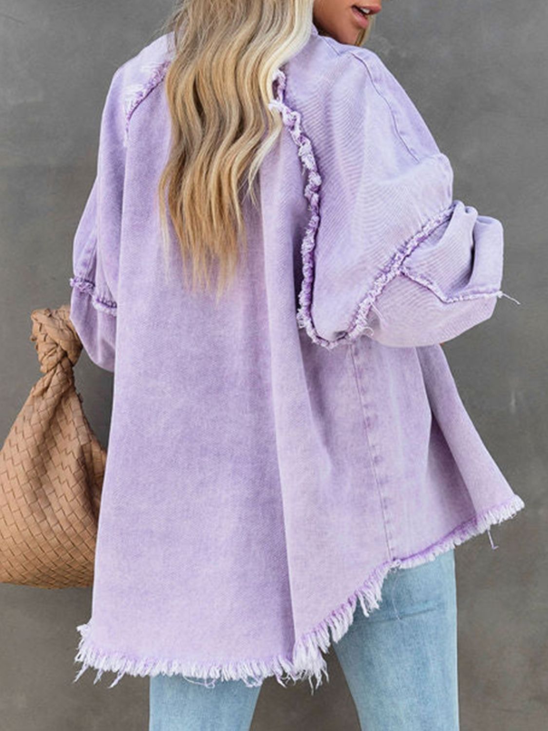 Button Down Raw Hem Denim Jacket - Lavender