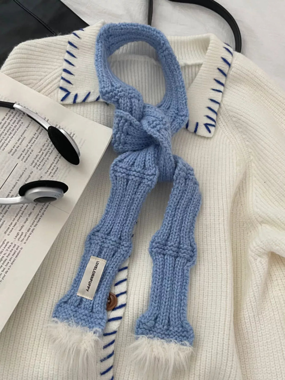 Knitted Plush Trim Scarf - Blue One Size