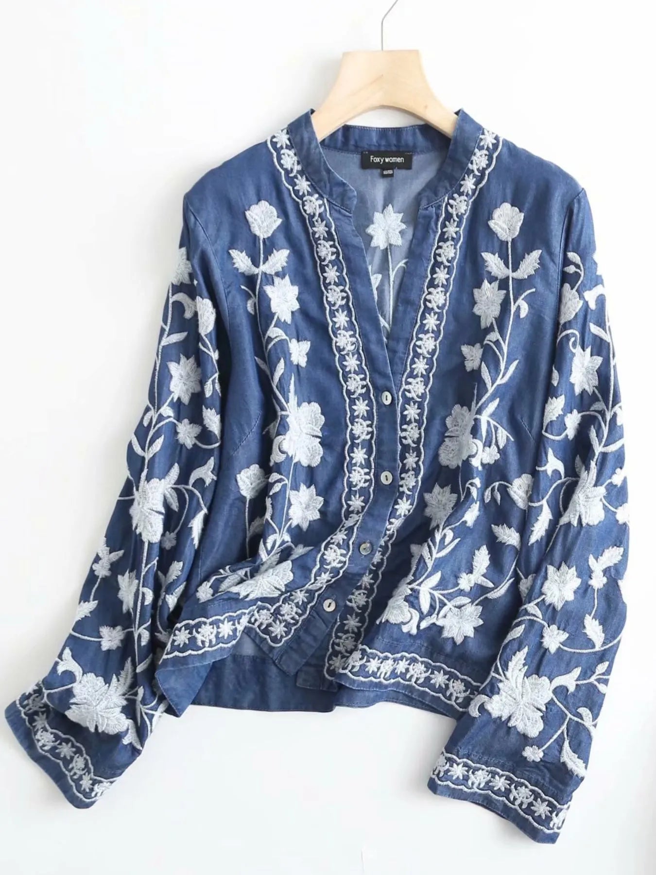 Floral Embroidered Button Up Denim Shirt -
