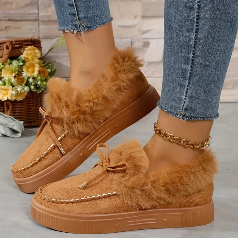 Bow Furry Round Toe Flat Slip-Ons -