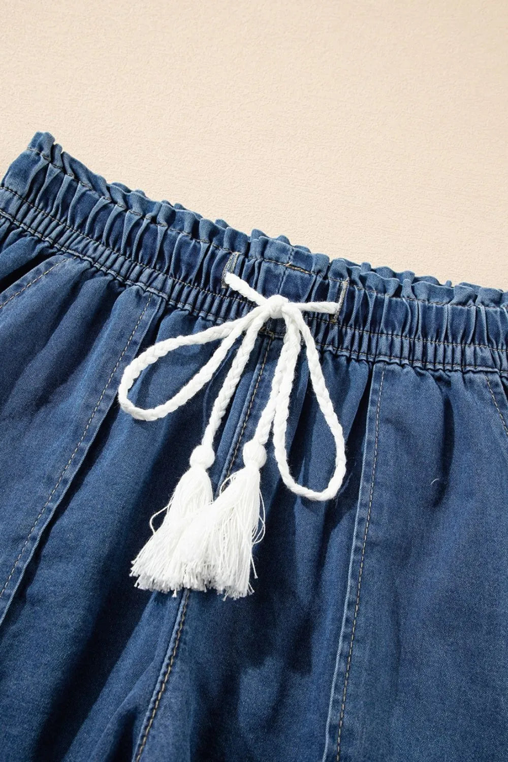 Raw Hem Drawstring High Waist Denim Shorts -
