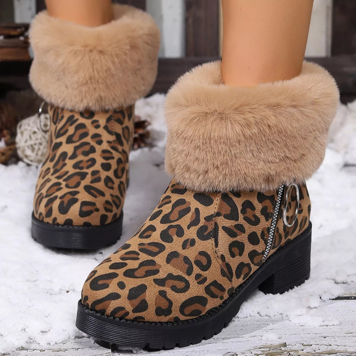 Fuzzy Cuff Leopard Print Ankle Boots -
