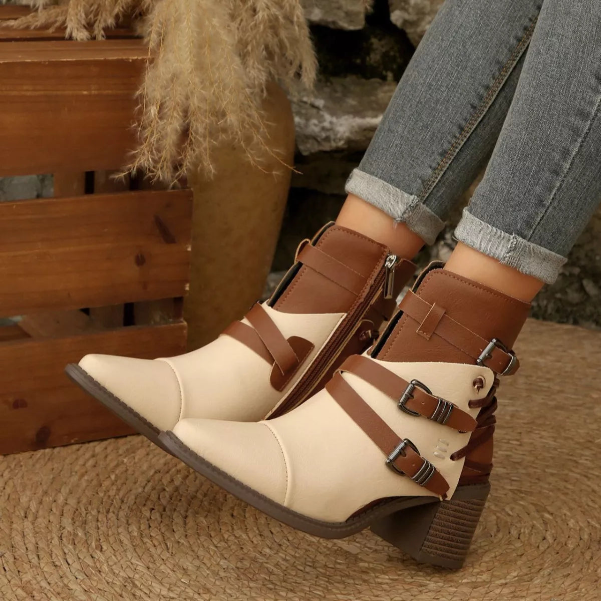 Point Toe Buckle Strap Ankle Boots -