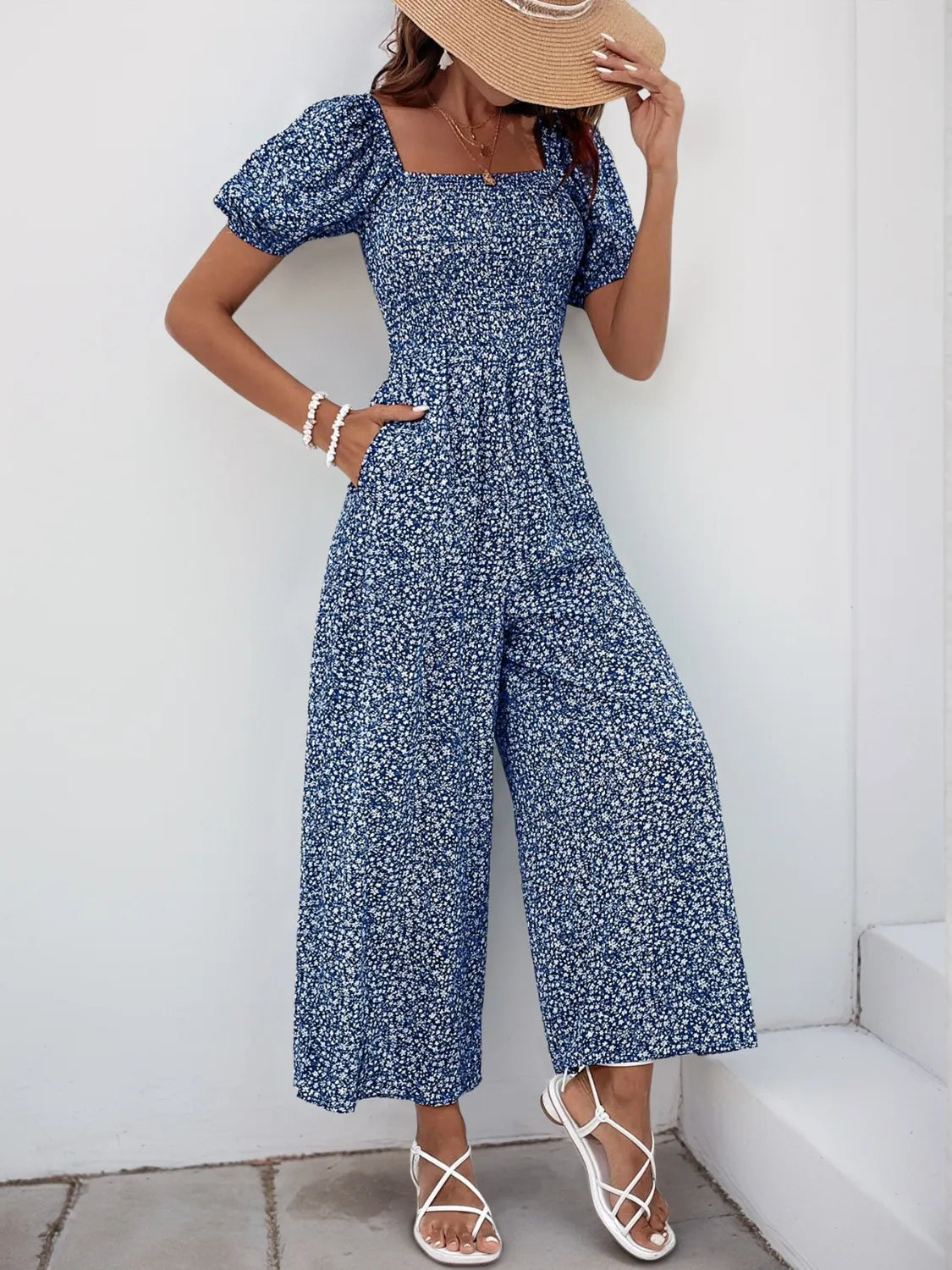Printed Square Neck Puff Sleeve Jumpsuit - Royal Blue