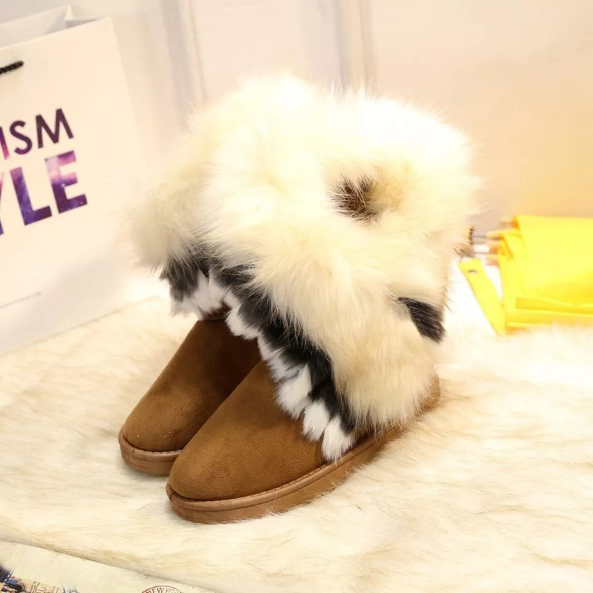Fluffy Fur Cuff Round Toe Boots -