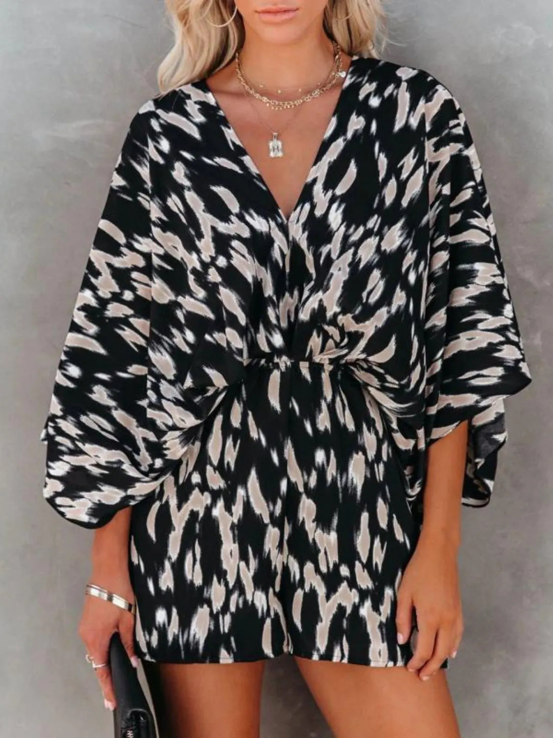 Oversized Tied Back Printed Romper - Black