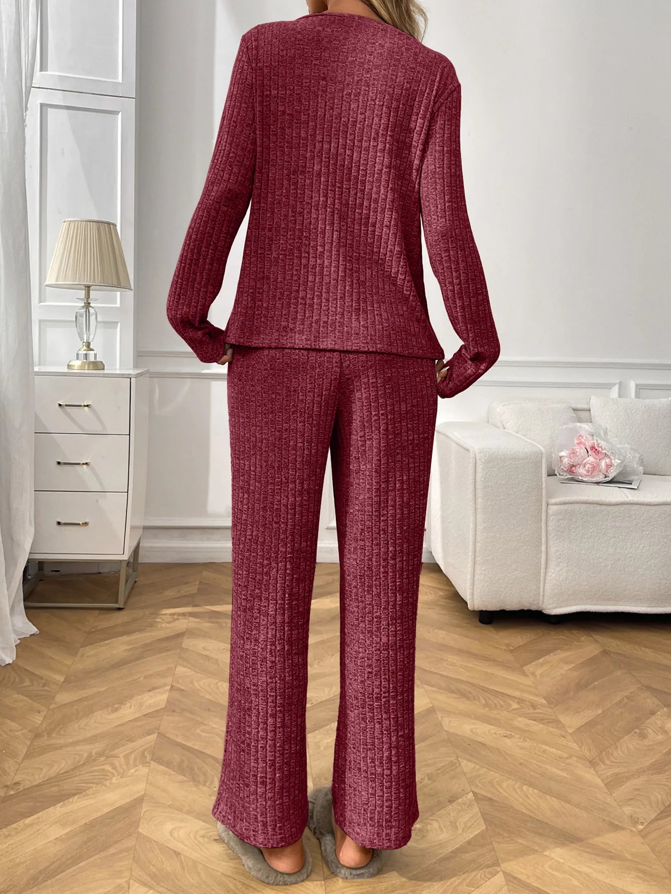 Ribbed Long Sleeve Top and Pants Lounge Set -
